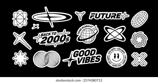 Y2K rave stickers pack of text quotes label collection (part 2). Aesthetic of retro futurism 2000s stickers with text. Black and white cyber punk style elements