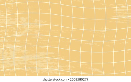 y2k retro background. Line wavy swirl pattern with grunge grainy  texture. Trippy chess distressed pattern. Groovy vintage yellow checkered horizontal background. Trendy vector illustration.