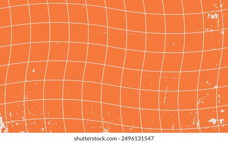 Fondo retro Y2k. Patrón de remolino ondulado de línea naranja con textura grunge. Patrón de ajedrez con textura grunge. Groovy vintage a cuadros de fondo Horizontal. Ilustración vectorial de moda.