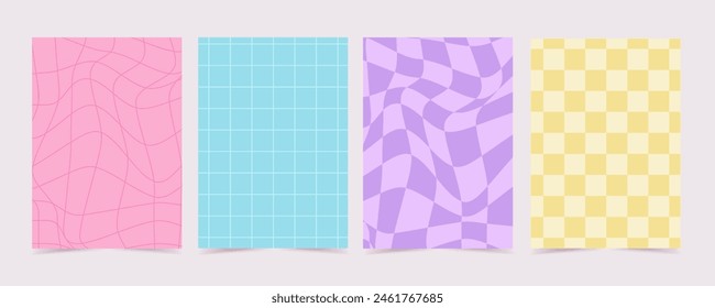 y2k retro background set. Colourful geometric wavy swirl chess, trendy trippy style, vector illustration