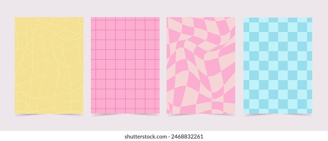 y2k retro background set. Colourful geometric wavy swirl chess, trendy trippy style, vector illustration