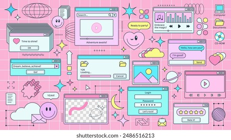 Y2k retro browser window page with computer icons at pink grid background. Vector set of pop-up windows and screens with playful messages and nostalgic elements like stars, hearts and smile faces