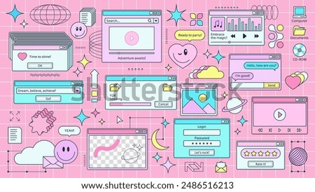 Y2k retro browser window page with computer icons at pink grid background. Vector set of pop-up windows and screens with playful messages and nostalgic elements like stars, hearts and smile faces