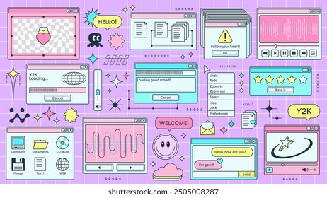 Y2K retro browser windows page of computer interface or PC screen, cartoon vector. Retro 90s Y2K computer display windows of internet browser tabs, loading bar and music player on pink background