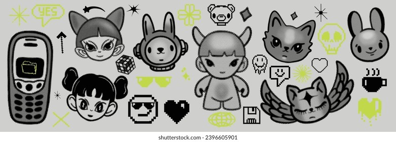 Y2k retro character icon set, vector rave cyber pixel funky sticker, cartoon acid groovy face, heart. 90s halftone mascot kit, computer game anime girl head, funny dot creature. Y2k character print