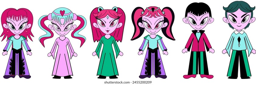Y2k retro character set, vector rave cyber pixel funky sticker, cartoon acid groovy face. 90s mascot kit, computer game anime girl head, funny creature. Y2k character. Vector.