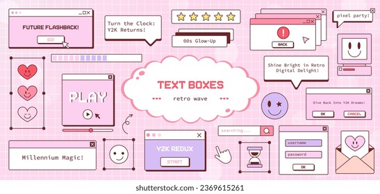 Y2K Retro Computer Design Sticker Set. 90s Desktop Screens, Icons, and Popups in Vaporwave Pink. Girlish Old Computer Vibes, Vintage UI, and Digital Messages.