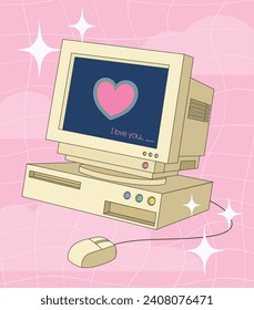 Y2k retro computer monitor, dimensional drawing of vintage pc screen with heart and text greeting, Valentine's Day poster in y2k aesthetic. Vector illustration.