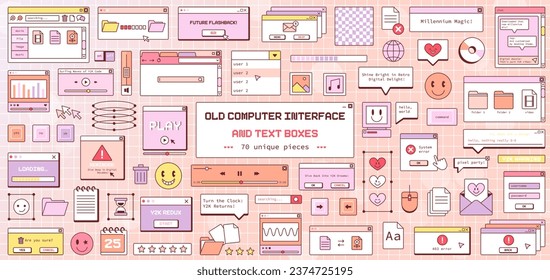 Colección de vectores de interfaz digital retro Y2K: Elementos de diseño estético de escritorio Pastel de los años 90-2000, iconos, cuadros de texto, patrones de interfaz de usuario e ilustraciones gráficas nostálgicas de computadoras.