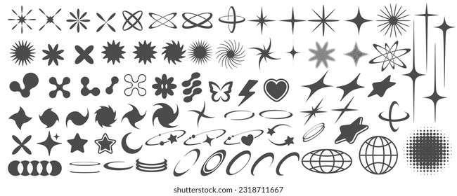 y2k retro elements. Abstract shapes and symbols for futuristic design. Geometric groovy icons. Vector vintage set on white background.