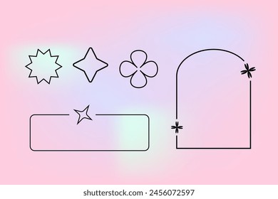 y2k retro elements set, 90s or 2000s elements of arch and stars, shapes in minimalistic boho style on gradient blurred background