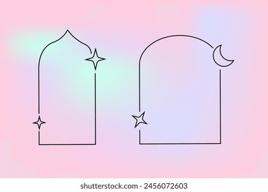 y2k retro elements set, 90s or 2000s elements of arch and stars, shapes in minimalistic islamic style on gradient blurred background