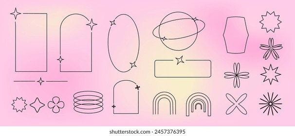 y2k retro elements set, 90s or 2000s elements of arch and stars, shapes in minimalistic boho style on gradient blurred background