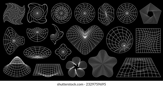 Y2K retro futuristic aesthetic set. Abstract 3D wireframe shapes, perspective grids and heart. Surreal geometric figures. Rave psychedelic black line design elements and backgrounds