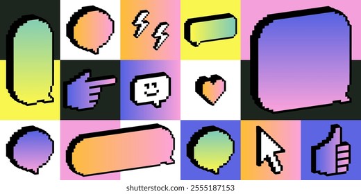 Y2k retro futuristic pattern with speech bubbles, smile, emoji. Playful 3d pixel art poster. Bold groovy vector background. Bright modern shape for header, web. Geometric simple shapes. Cool design