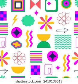 Y2k retro geometric seamless pattern. Bold vibrant abstract shapes and figures. Playful brutal geometry. Modern banner, background, wrapping paper.