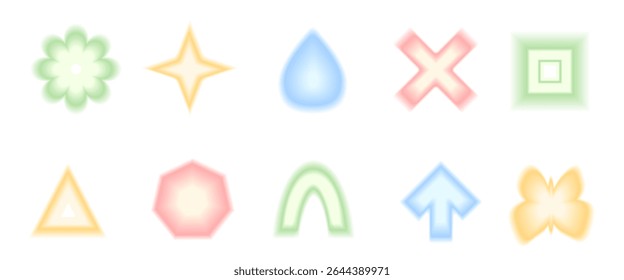Y2k retro gradation triangle, drop and arrow with flower forms. Blur gradient geometric shape set. Colorful butterfly and star icons on white background. Trendy blurry texture. Vector illustration.