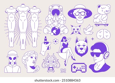 Y2k retro groovy tinta azul psicodélico conjunto de iconos mínimos ilustración plana de Vector. Personaje cómico monocromo sketch pegatina de moda escultura surrealista cosmonauta perro oso alienígena pin up mujer pixel gamepad