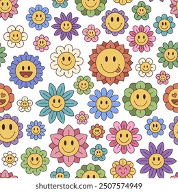 Y2k retro groovy flowers seamless pattern. Smiling flower emoticons background in 90s, y2k style. White background.