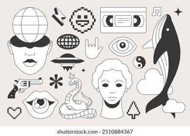 Conjunto de iconos groovy retro Y2k ilustración plana de Vector de tatuaje de arte pop contemporáneo minimalista. Psicodélico funky escultura antigua busto ballena cabeza globo UFO alienígena rayo de moda de impresión para la camiseta