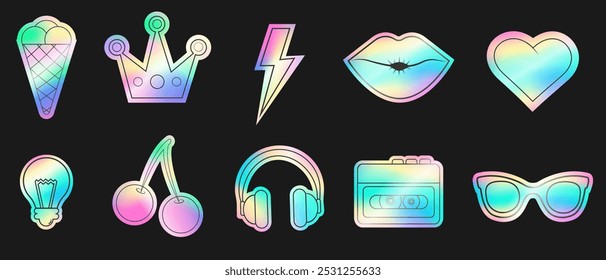 y2k retro hologram sticker pack. Holographic vintage emblem set.