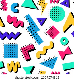 Y2k retro memphis shapes pattern. Background of geometric bright shapes with 3D and halftone effects in the style of the 90s. Neon and black colors.