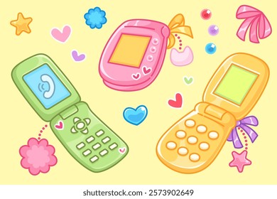 Y2k retro mobile phones set on yellow background - closed pink device, green flip phone, orange message gadget with buttons. Nostalgic electronic devices decorated with pastel hearts, bows, flowers.