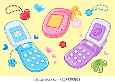 Y2k retro mobile phones set on yellow background - closed pink device, purple flip phone, blue message gadget with buttons. Nostalgic electronic devices decorated with pastel hearts, bows, flowers.