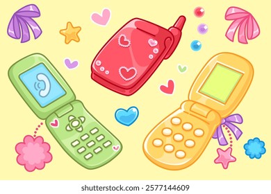 Y2k retro mobile phones set on yellow background - closed red device, green flip phone, orange gadget with buttons. Nostalgic electronic devices decorated with pastel hearts, bows, flowers.