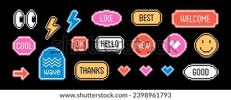 Y2k retro pixel art sticker pack. Smile, eyes and cool badge element. Vector illustration on a black background.