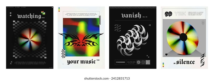 Y2k retro poster and cover design template with bright iridescent and black tribal abstract graphic elements. Vector illustration set of techno banner layout in 2000s rave and brutalism aesthetic.