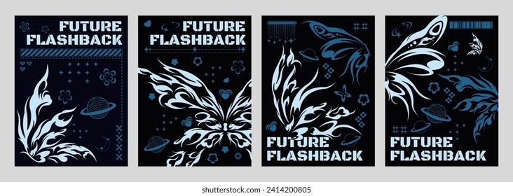 Y2k retro poster design template with grey tribal abstract graphic butterfly shape elements on black background, text box and decorative forms. Vector set of techno banner layout in 2000s aesthetic.