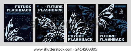 Y2k retro poster design template with grey tribal abstract graphic butterfly shape elements on black background, text box and decorative forms. Vector set of techno banner layout in 2000s aesthetic.