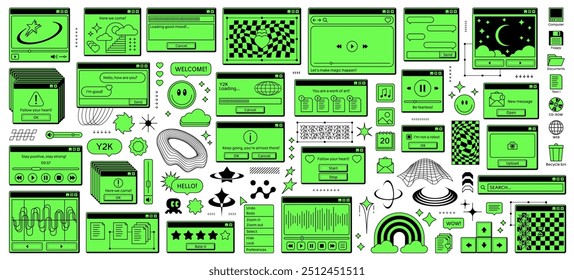 Y2k retro rave ventana navegador pegatinas en verde neón vibrante. El conjunto de Vectores incluye íconos lúdicos y gráficos nostálgicos por computadora, Elementos de menú de interfaz al estilo de la cultura moderna de Internet de principios de la década de 2000