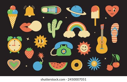 Y2K retro sticker, groovy element, funky vector badge, vintage trendy colorful icon, funny set 90s on black background. Cartoon hipster collage. Modern futuristic illustration