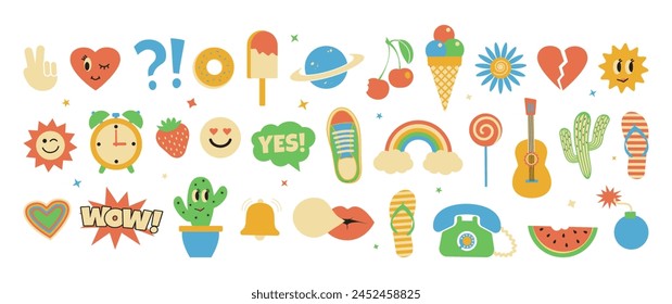 Y2K retro sticker, groovy element, funky vector badge, vintage trendy pastel color icon, funny set 90s isolated on white background. Cartoon hipster collage. Modern futuristic illustration
