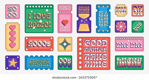 Y2k retro sticker set with different tickets and labels shapes with short phrases and simple illustrations. Graphic design elements in 2000s style. Vector illustration.