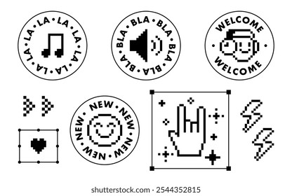 Adesivos retro Y2k para tema de podcast de rádio. Ícone preto de música e voz definido na arte de pixels. Sorria e elemento de emblema legal. Forma moderna geométrica para colagem, cartaz, selo. Ilustração vetorial em branco