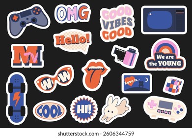 Y2K retro stickers set in flat design. Collection labels with game console, joystick, good vibes, television, photo film, mouth tongue, love, bunny, skateboard, glasses, other. Vector illustration.