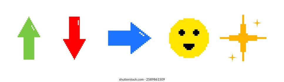 Y2k retro style pixelate symbol and object set. Arrows, smile and star. Vector illustration. Design for web, game. 