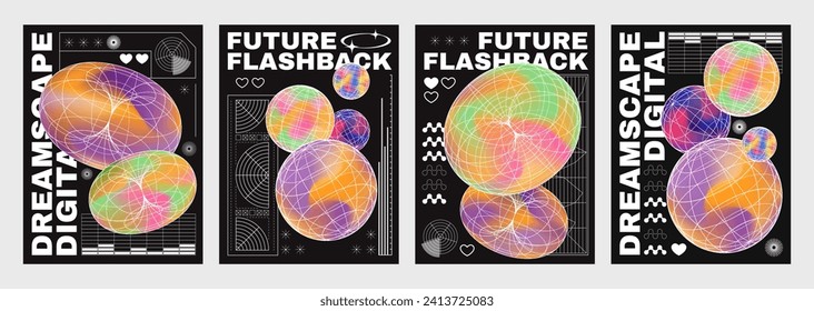 Y2k retro style poster and cover design template with wireframe circle and ball shapes with gradient liquid color and typography. Vintage retrofuturistic banner in 2000s aesthetic with grid elements.