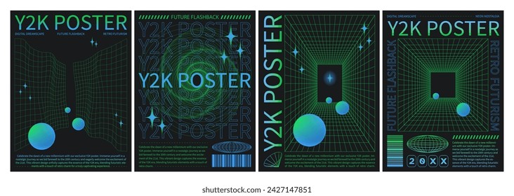 Y2k retro style poster design template with grid abstract perspective surfaces and elements. Vector set of vaporwave aesthetic covers and banners with gradient colored wireframe elements and balls.