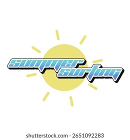 Y2K Retro Style Summer Surfing Typography in Blue Gradient with Yellow Sun, Decoration Banner