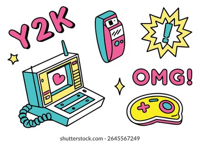 Y2K Retro Tech e conjunto de adesivo de vetor de nostalgia