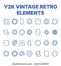 Y2K retro vector graphic set including 2000s-style chrome hearts, butterflies, bubbly text, digital stickers, and nostalgic design icons.