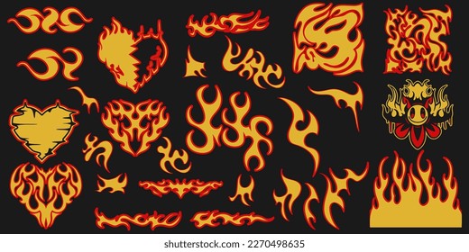 Y2K Retro Vector Set: Hot Fire Ornaments for 90's-Inspired T-Shirts, Hoodies, Parkas, Streetwear, Apparel, and Pajamas. Hand-Drawn Cool Flames Design.