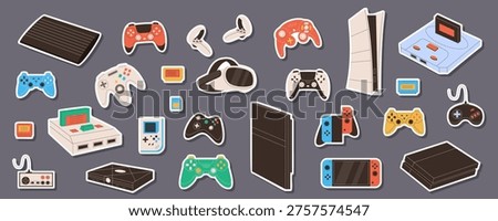 Y2K retro video game sticker set in cartoon graphic style with console, joystick and gamepad gadget. Colorful patch collection for playful entertainment and fun controller themes.