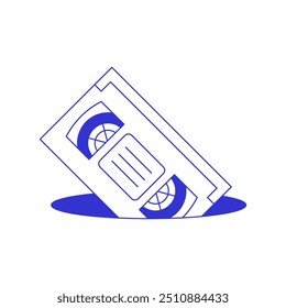 Video Y2k retro casete de cinta en agujero azul psicodélico boceto línea icono Vector ilustración plana. Tecnología Antiguas Entretenimiento multimedia Arte pop contemporáneo Impresión mínima de la camiseta