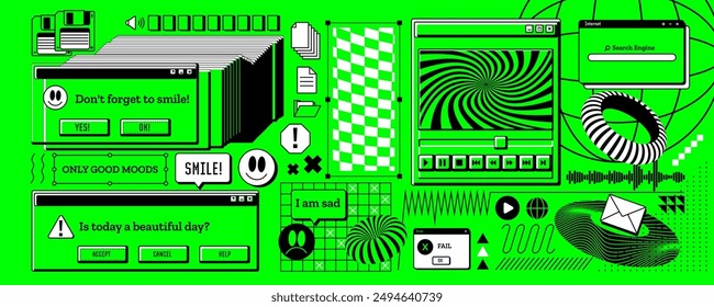 Y2k retro window. Computer interface sticker. Browser message. Error frame. Graphic old game. Interface web design. 90s folder. Vintage PC screen. 2000s rave elements set. Vector aesthetic background