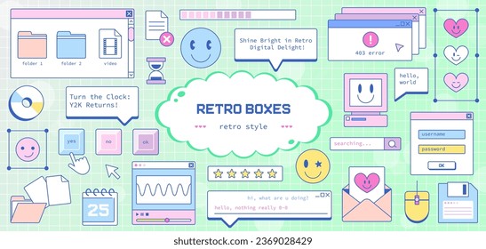 Y2K Retro Windows and Icons. Nostalgic Old Computer User Interface with Vaporwave Aesthetics. Vintage Screen and UI, Bright Colors, and Cute Smile Elements.